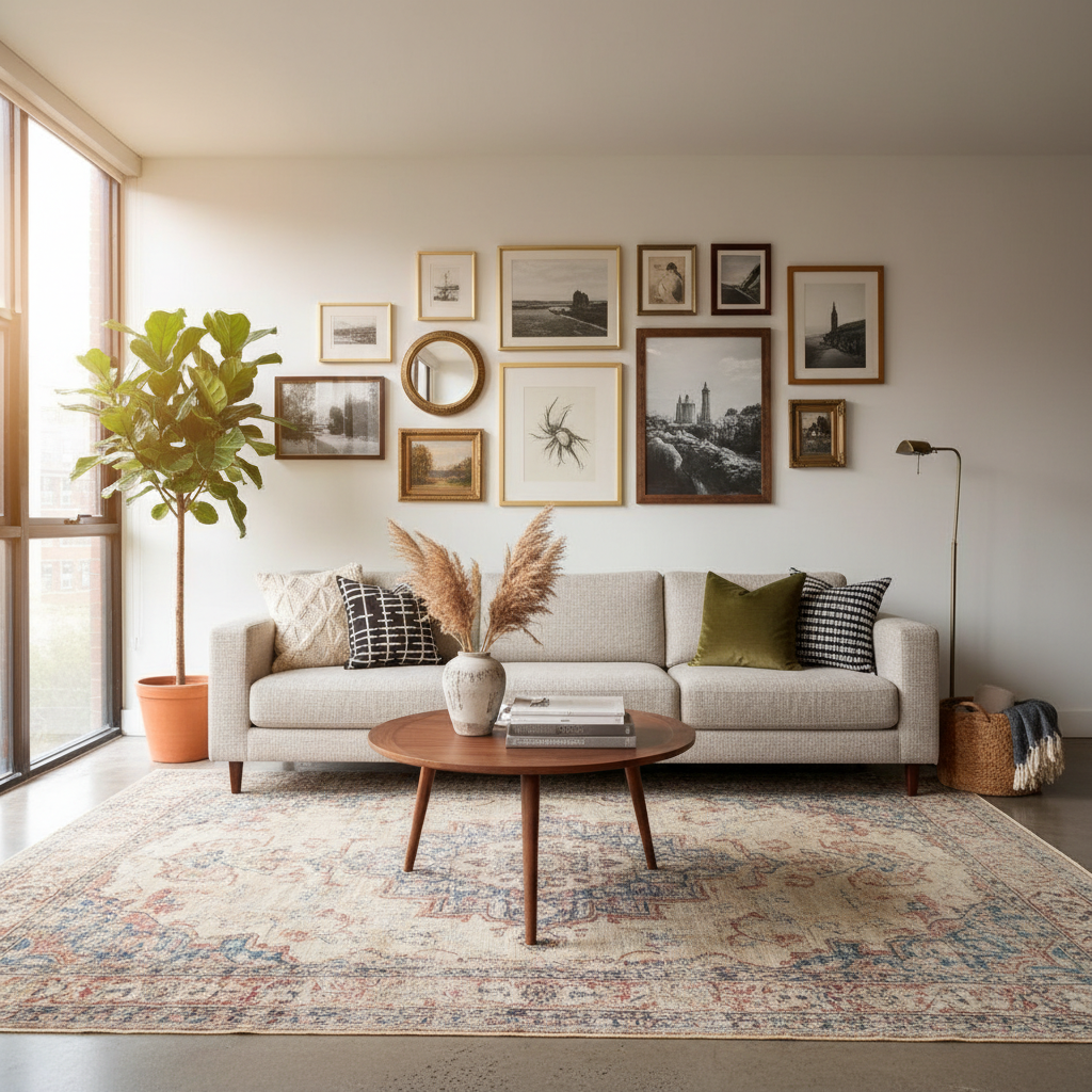 Eclectic living room mixing modern sofa with vintage rug and curated art wall