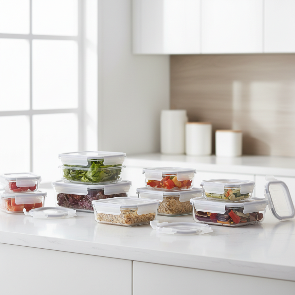 Glass meal prep containers with snap lids on a kitchen counter