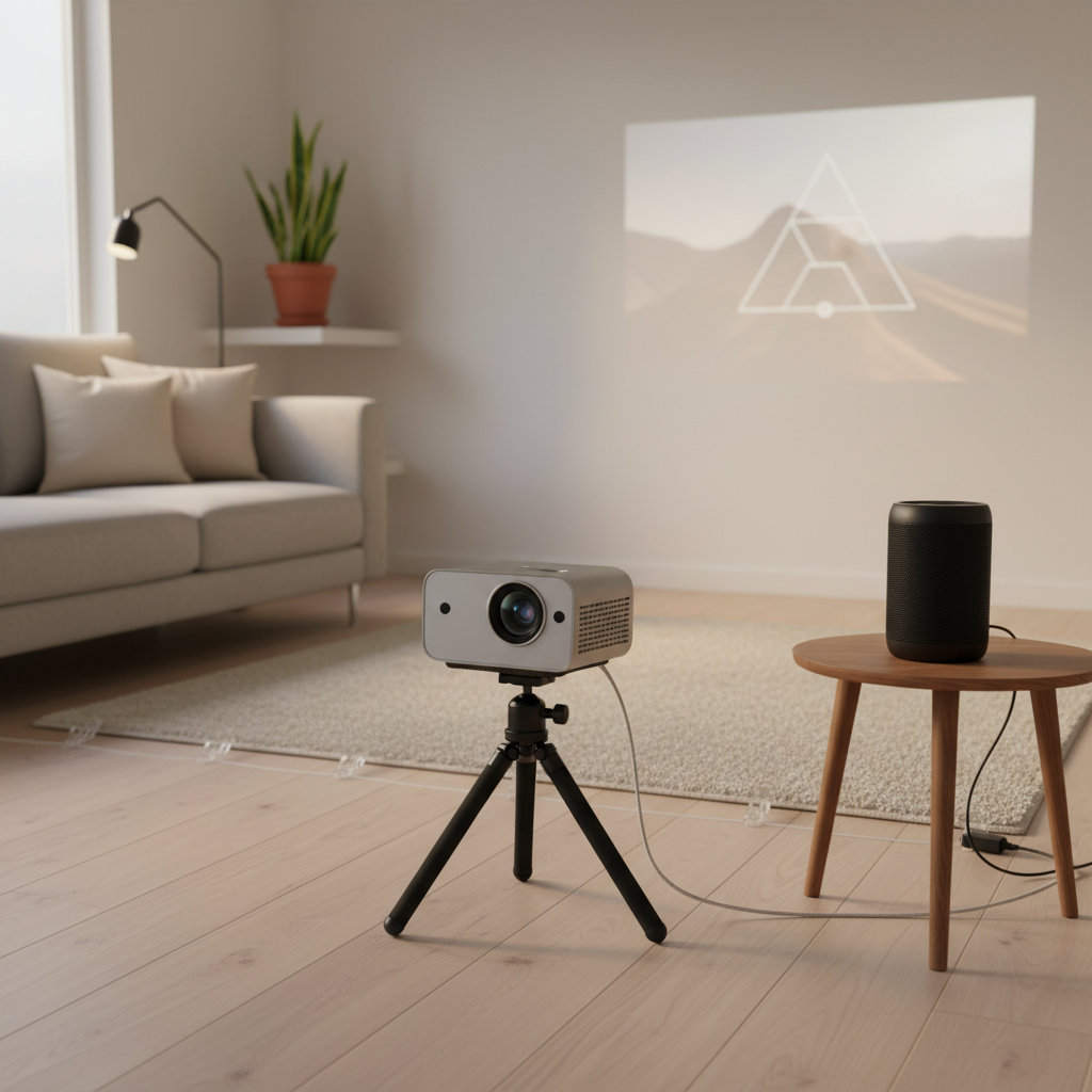 Mini projector aligned to wall with tripod and external speaker for better sound