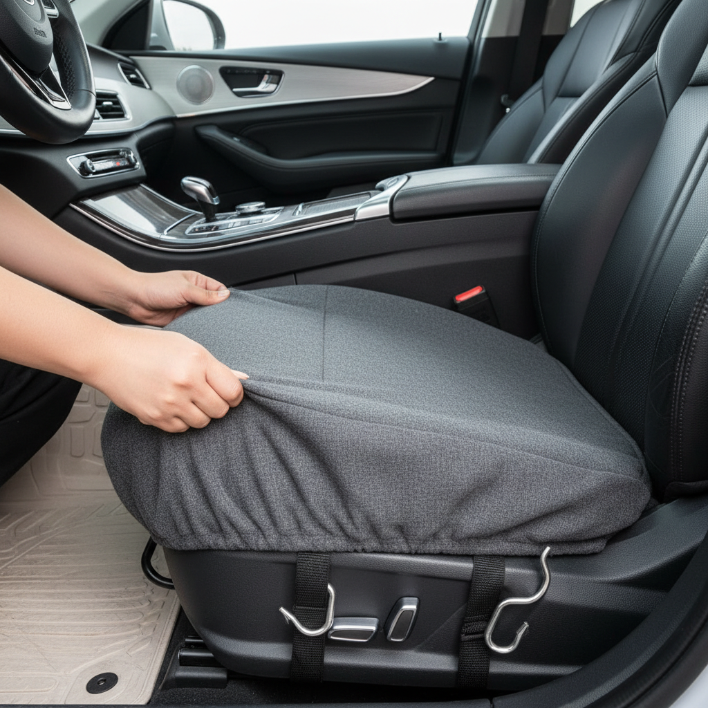 Installing a seat cover with straps and anchors on a leather car seat