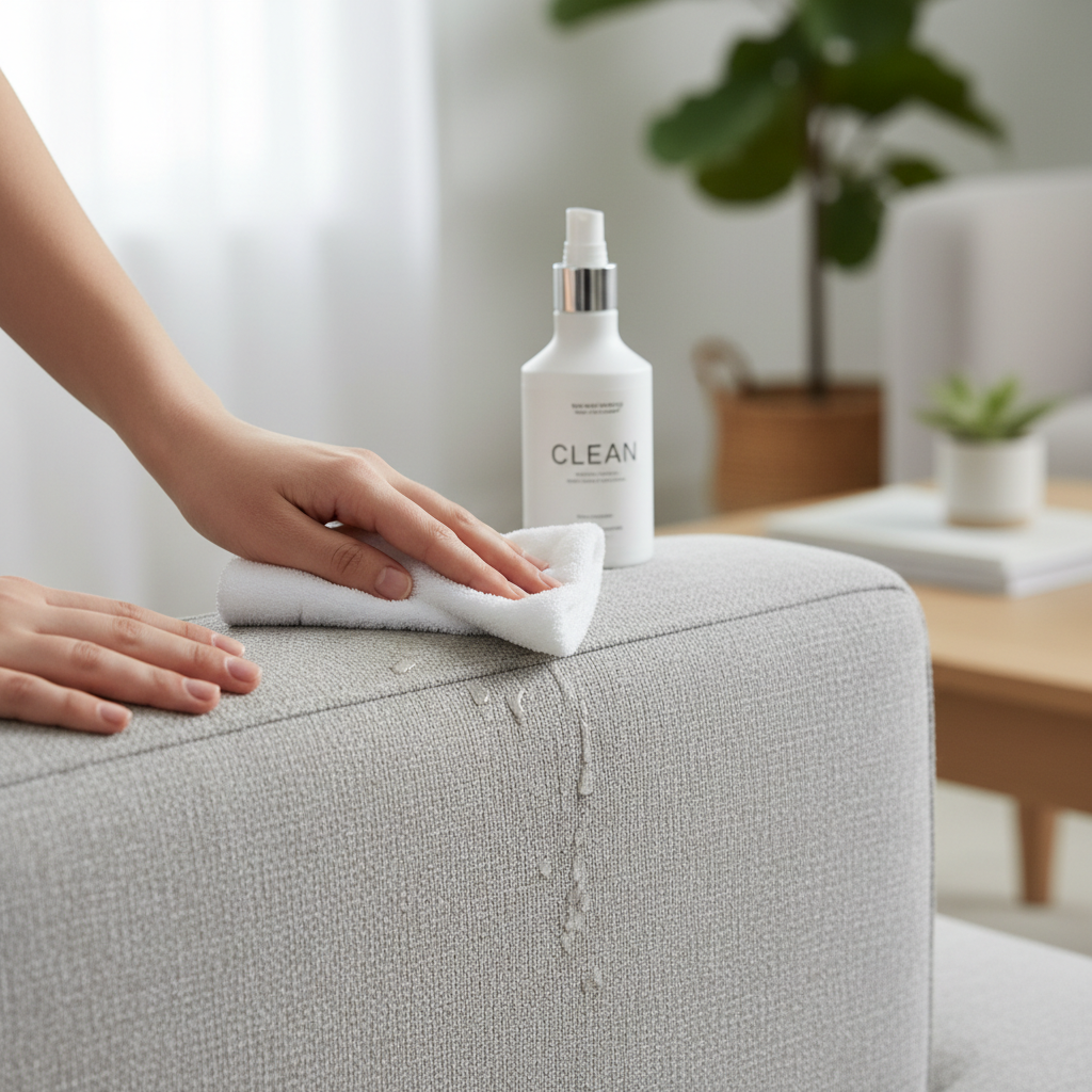Spot cleaning a stain-resistant fabric sofa cushion with a cloth