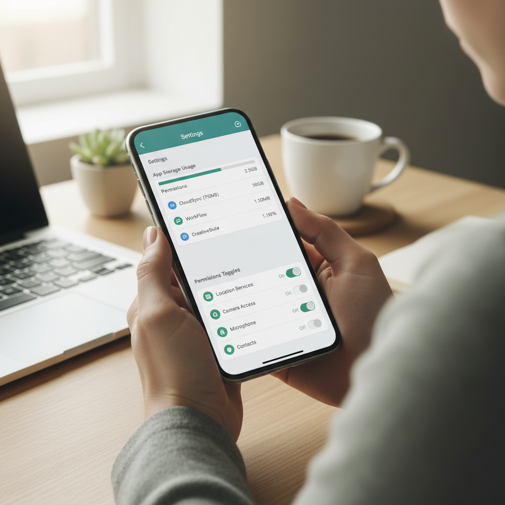 Person reviewing app storage and permissions on a smartphone settings screen