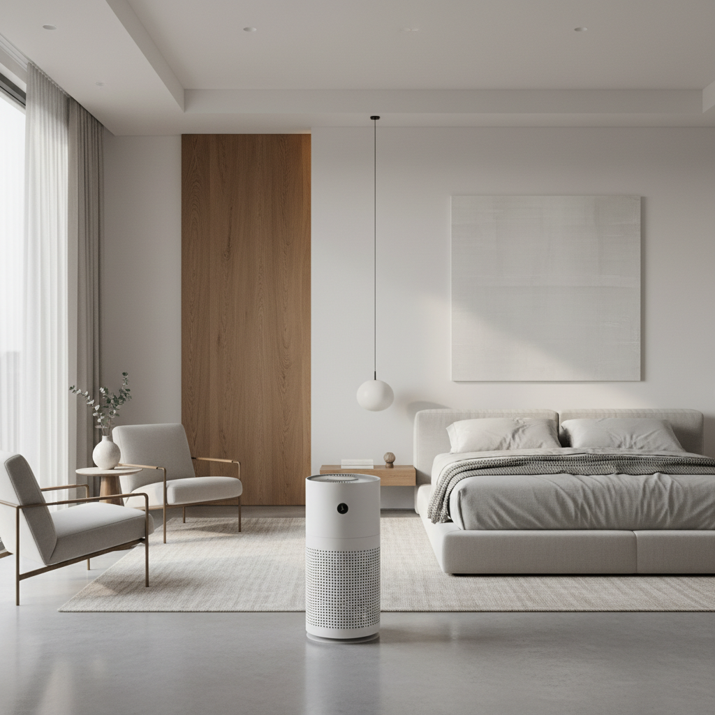 Air purifier placed with clear airflow space in a bedroom