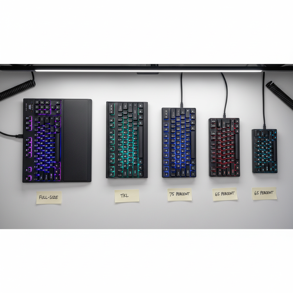 Comparison of keyboard layouts full-size TKL 75% 65% for gaming desk space