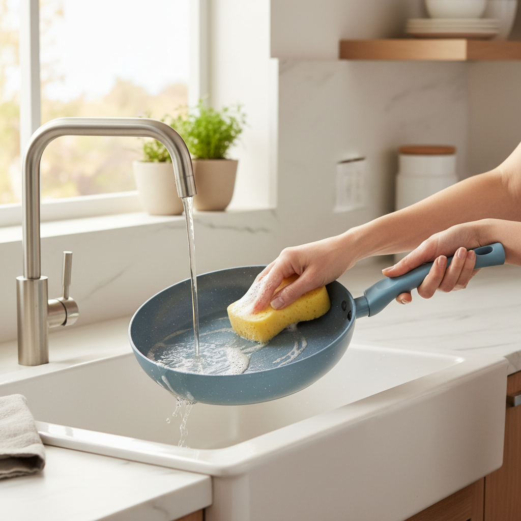 Hand washing ceramic nonstick pan with soft sponge in kitchen sink
