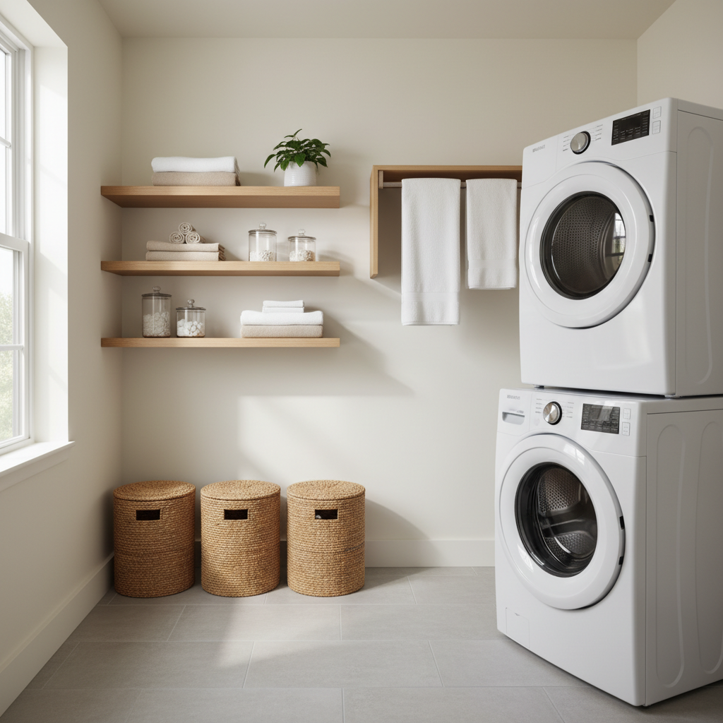 Small laundry room with wall-mounted drying rack above washer and organized baskets