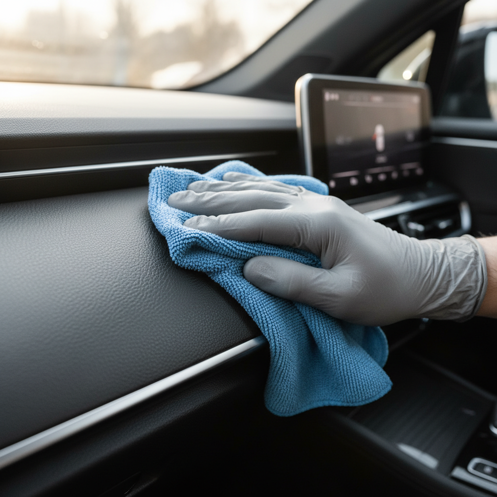 Close-up of wiping textured interior plastic trim with microfiber towel