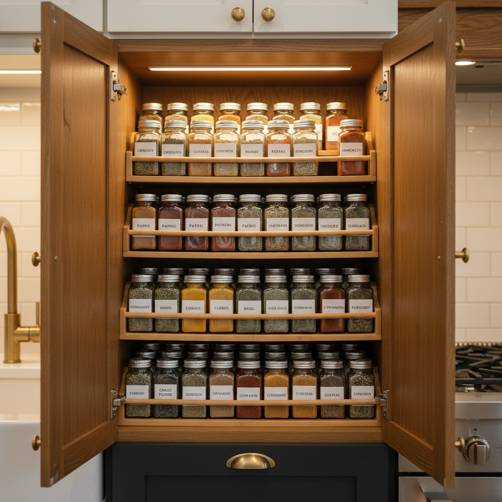 Neatly organized spice cabinet with labeled jars on tiered risers