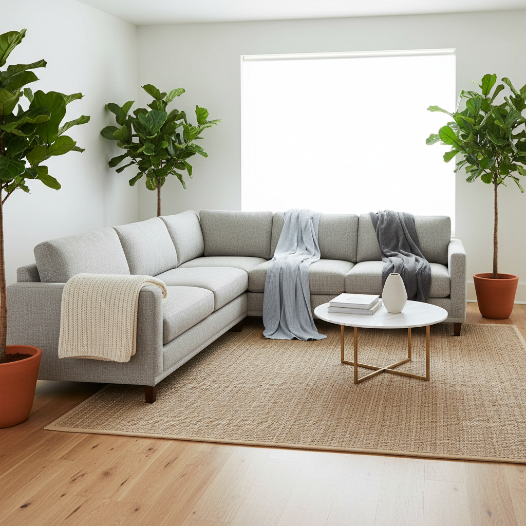 Throw blanket styling options on a sectional couch: arm fold, corner cascade, and backrest fold