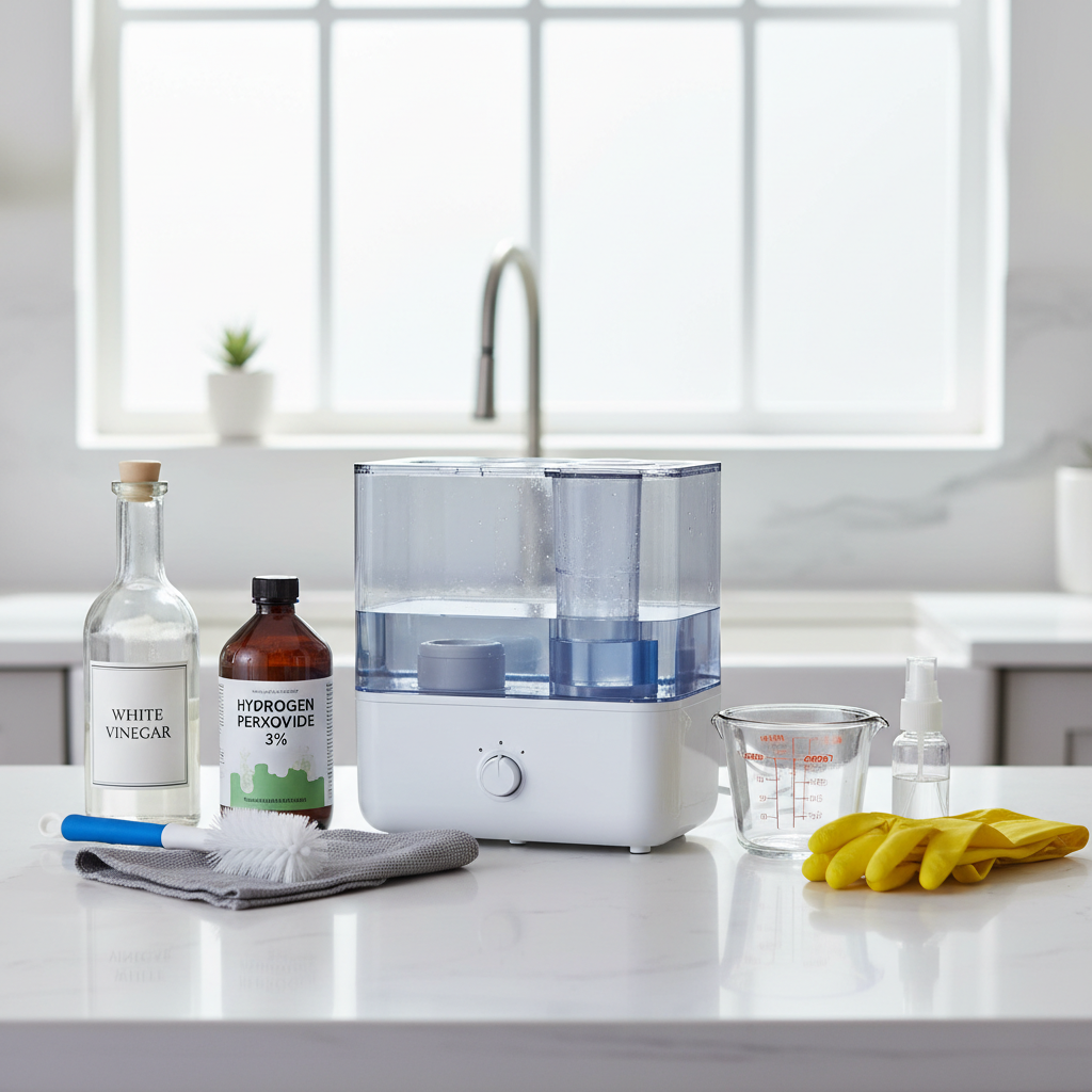 Supplies for cleaning a humidifier at a kitchen counter