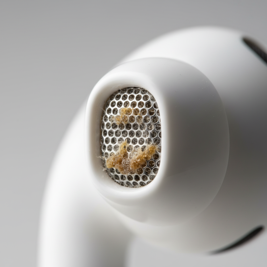 Close-up of AirPods speaker mesh with visible earwax buildup