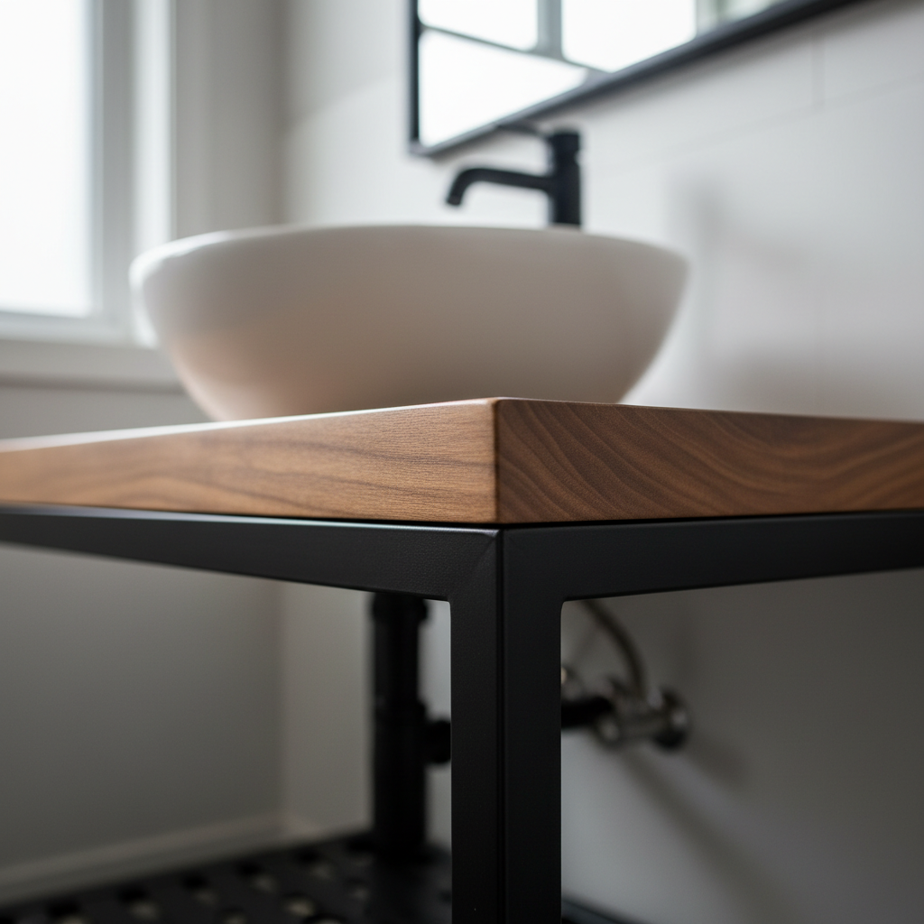 Close-up of black powder-coated steel frame and wood vanity top