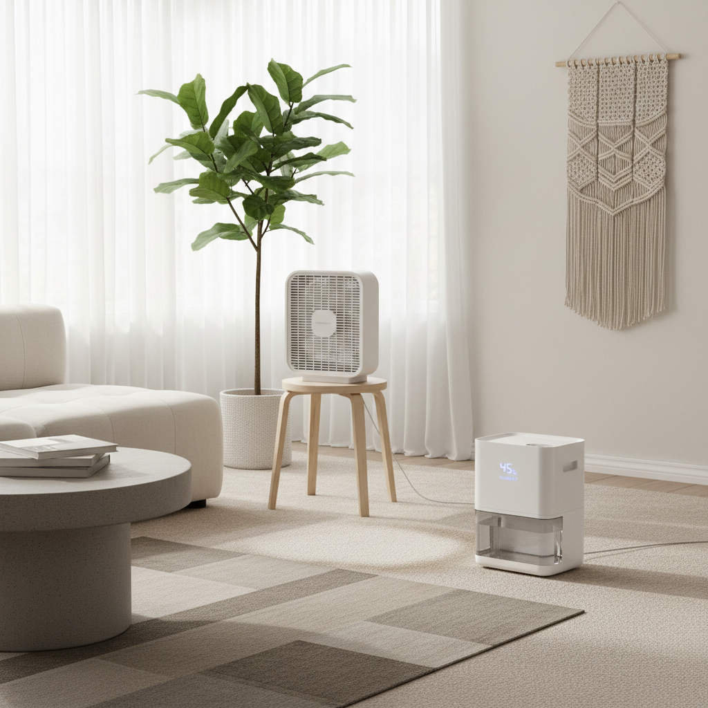 Carpet drying with fan and dehumidifier after pet urine odor treatment