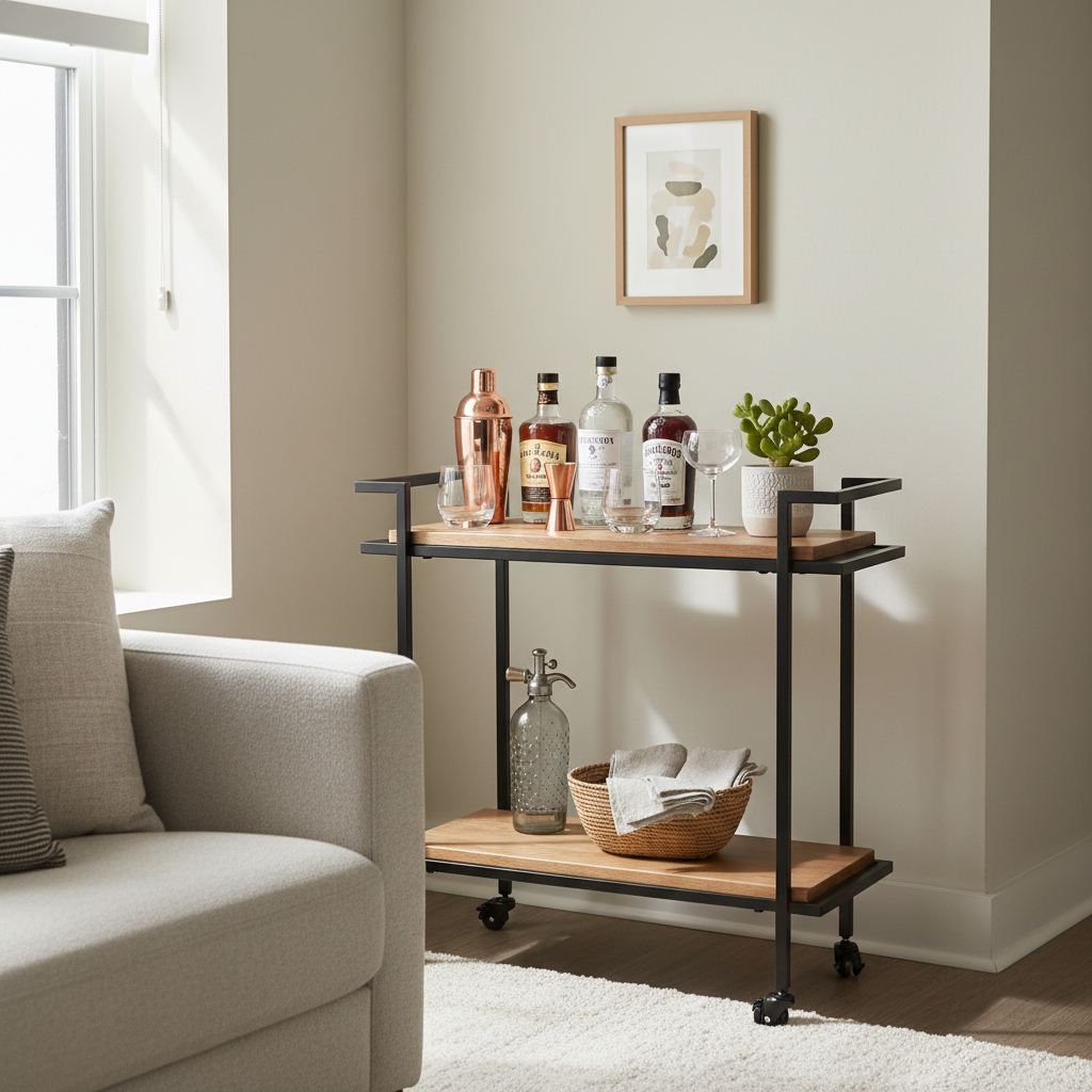 Small apartment bar cart styled with bottles, glassware, and decor in a living room corner