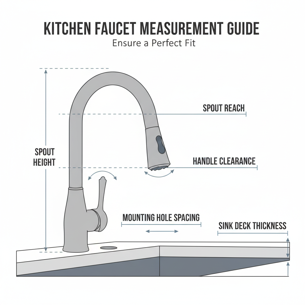 Kitchen faucet measurement diagram showing spout reach, height, and mounting holes