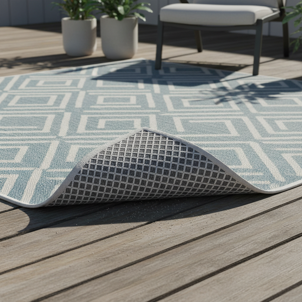 Outdoor rug with non-slip pad on a wooden deck showing airflow and corner lay-flat