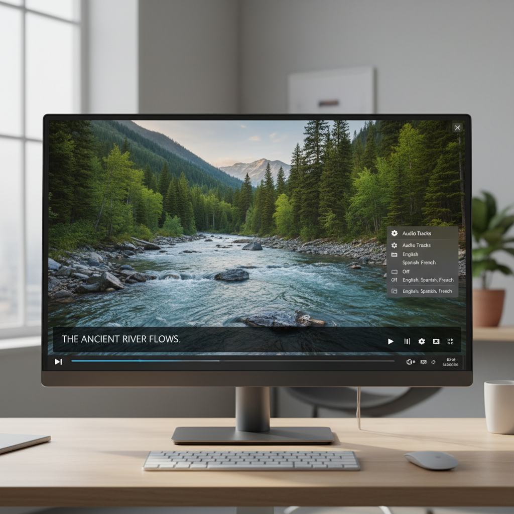 Windows PC playing a 4K video with subtitles in a modern media player interface
