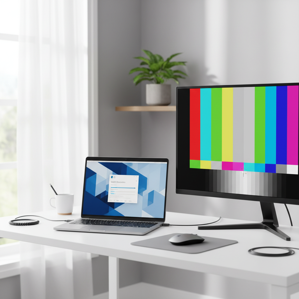 Laptop connected to an external monitor for troubleshooting display issues