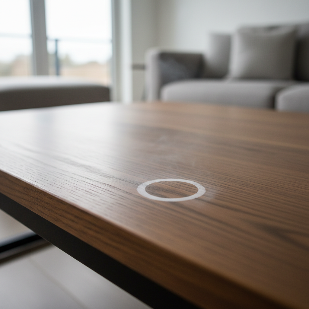 White water ring on a wood coffee table showing haze in the finish
