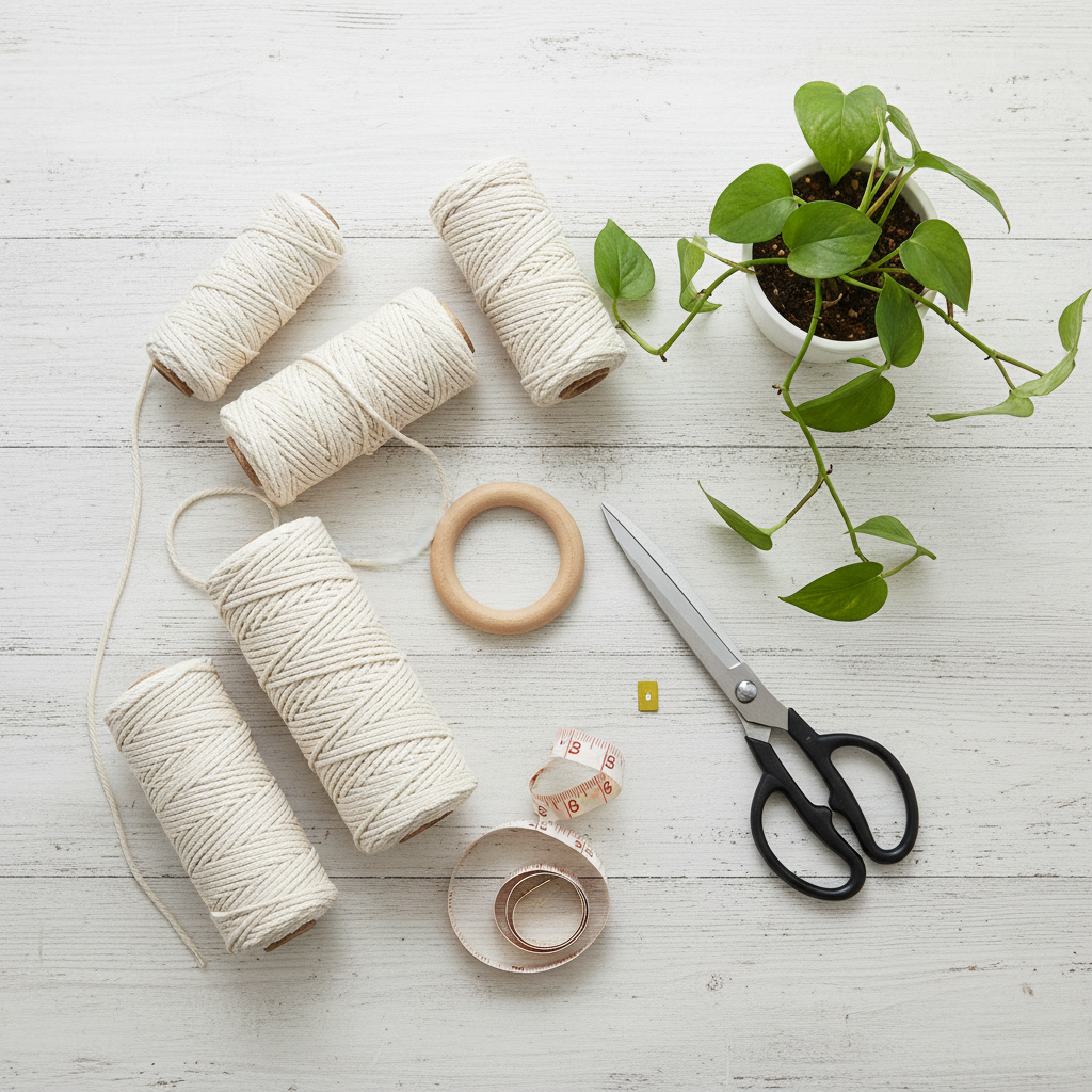 Macrame cord, ring, scissors, and tape measure laid out for a DIY plant hanger