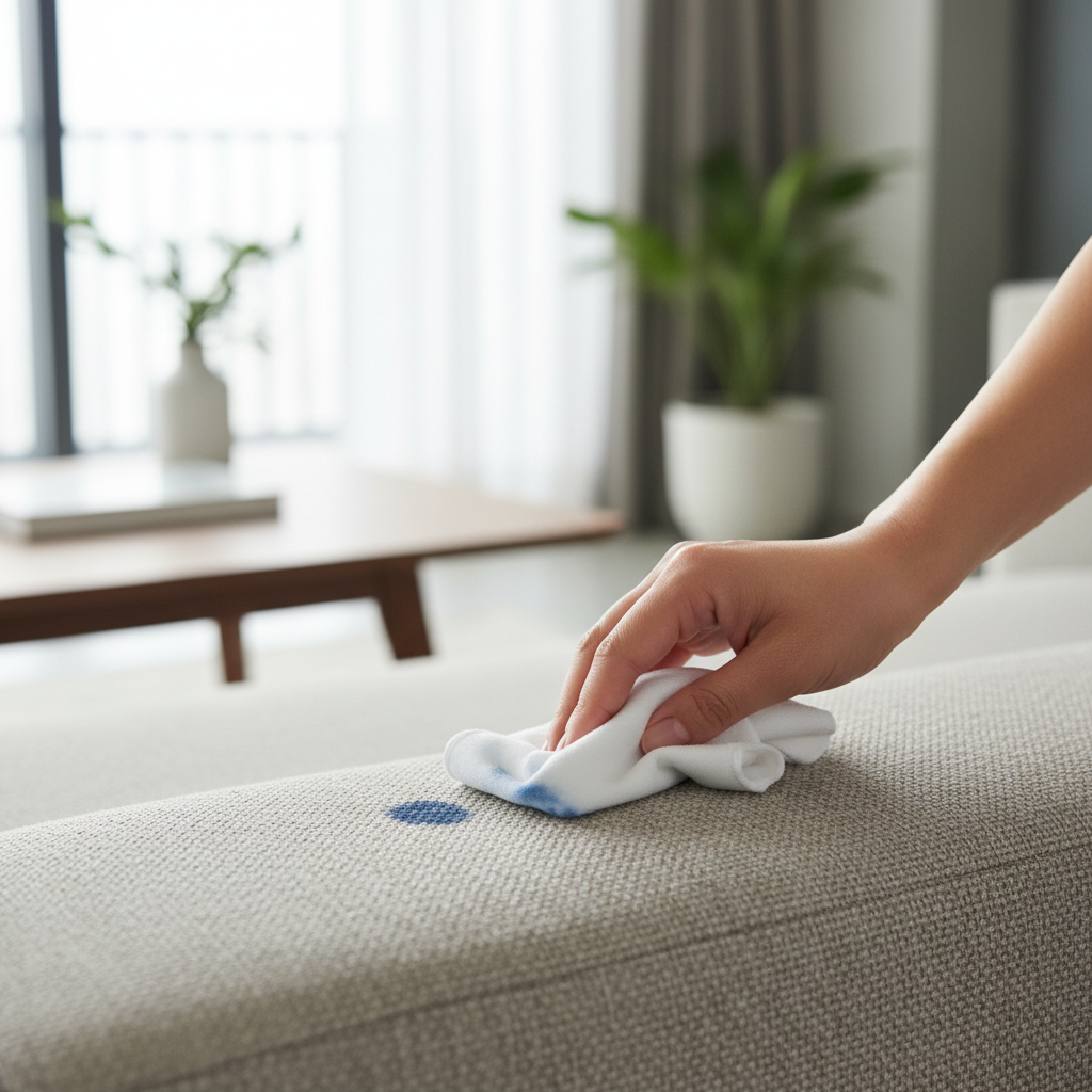 Hands blotting ink stain on fabric couch with white cloth