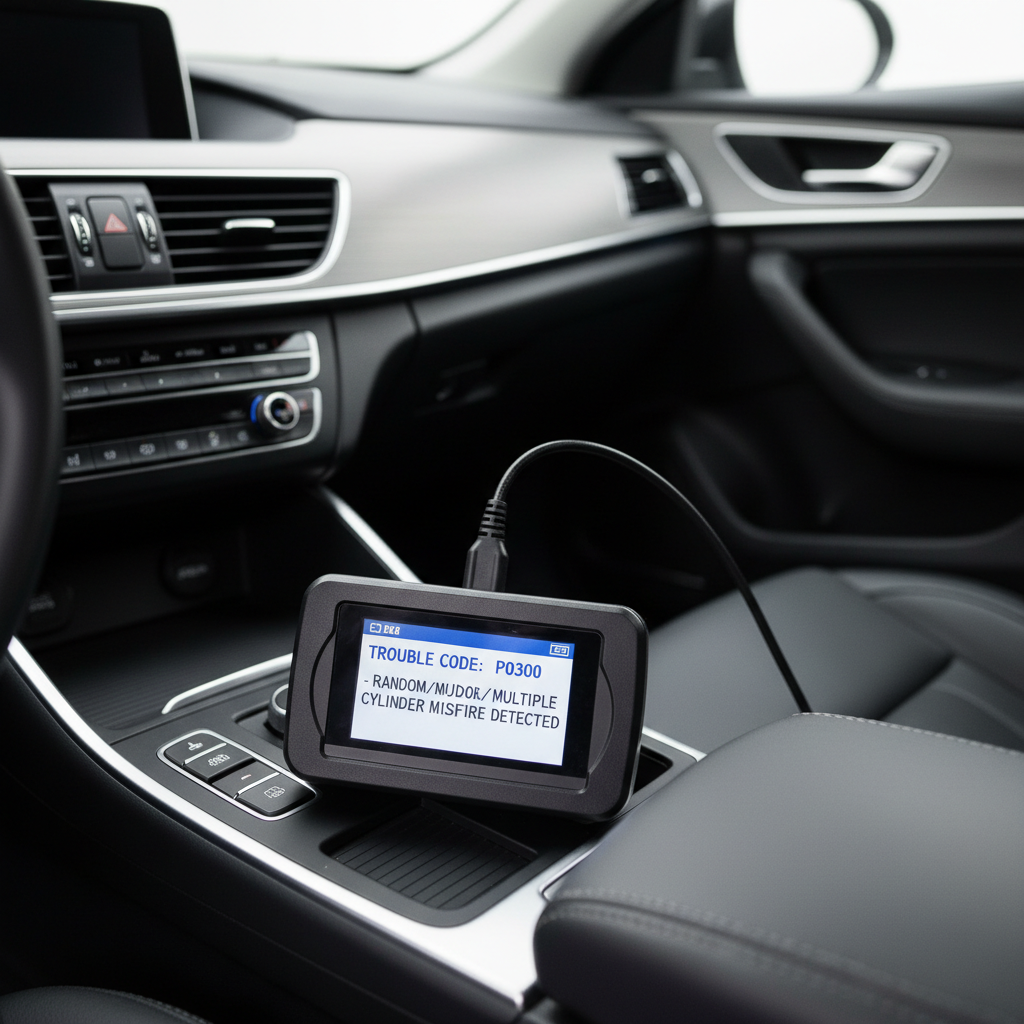 OBD2 scanner showing misfire code while diagnosing spark plug condition