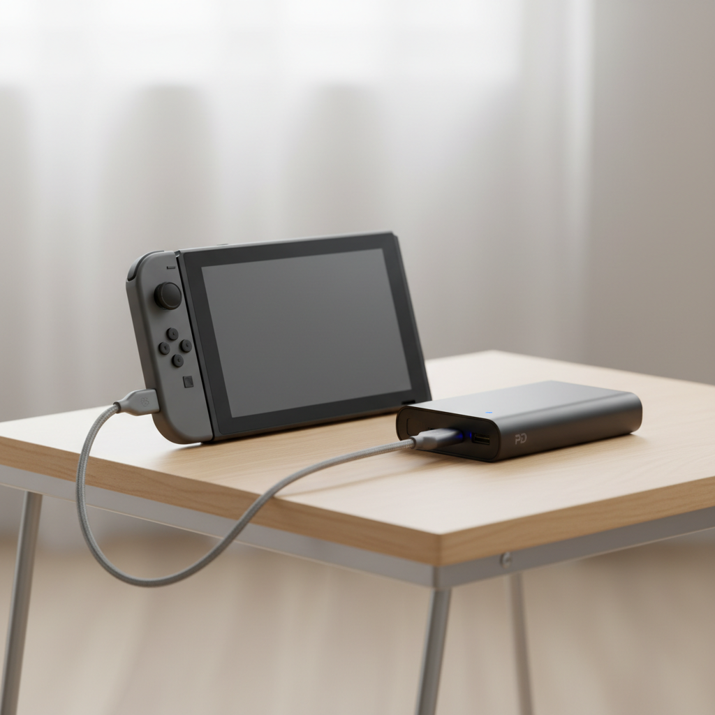 Nintendo Switch charging with a USB-C PD portable charger while traveling