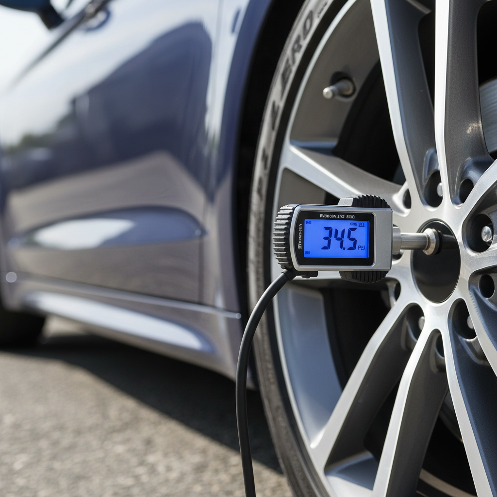 Digital tire pressure gauge reading PSI on a car tire valve stem