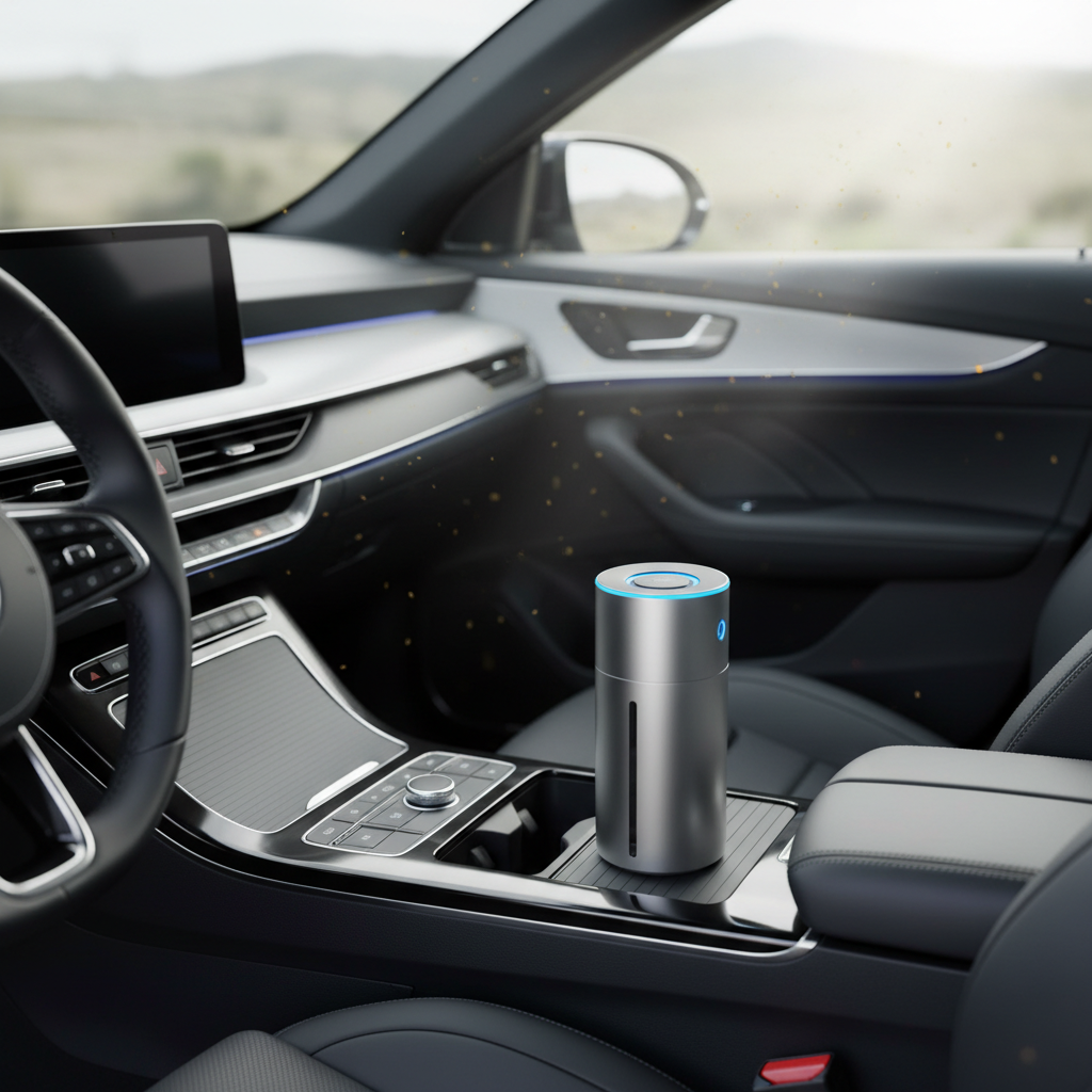 Car interior air purifier running on center console during allergy season