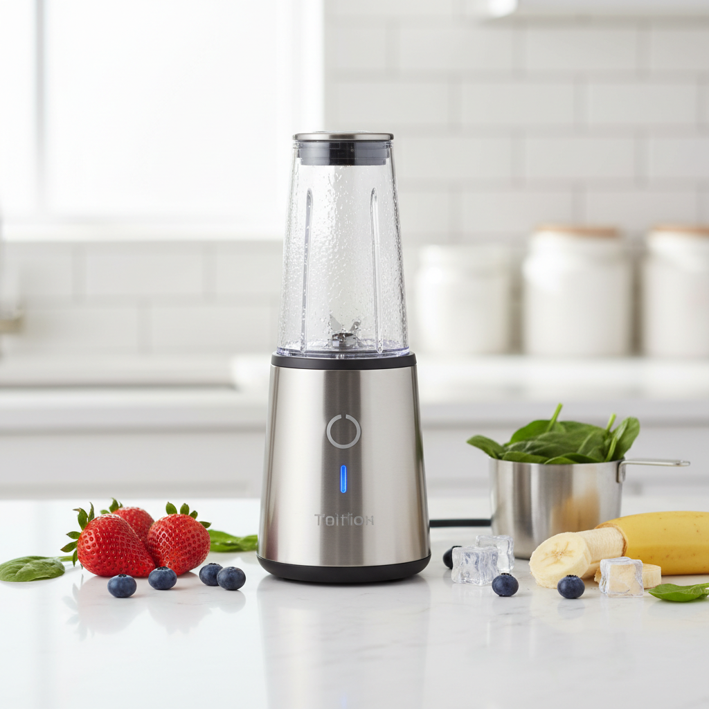 USB rechargeable portable blender on a kitchen counter with smoothie ingredients