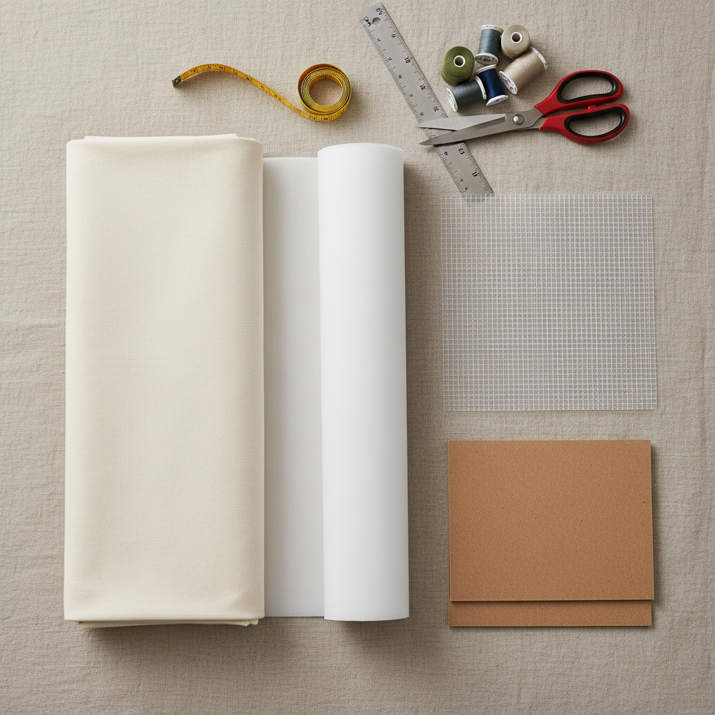 Materials for making fabric storage boxes: canvas, interfacing, plastic canvas inserts, ruler and scissors
