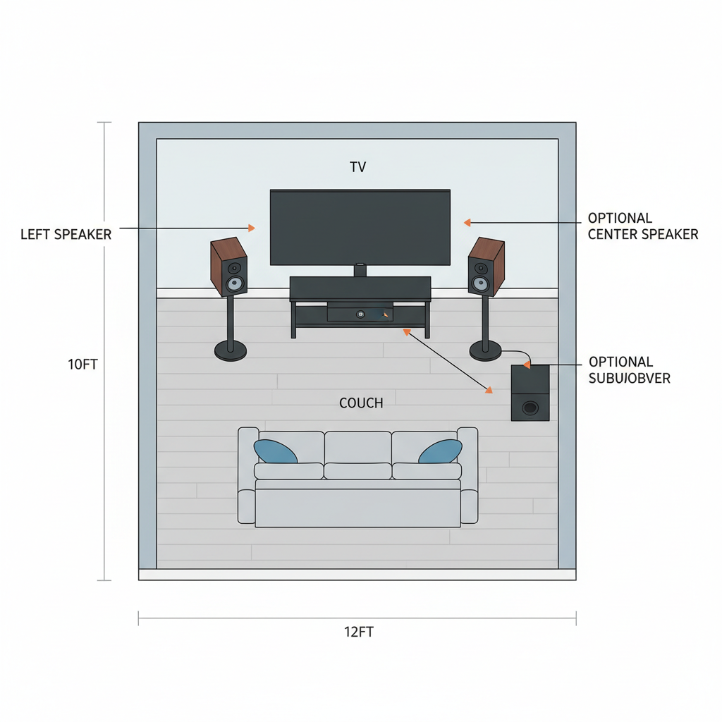 Diagram-style view of speaker placement in a small room with TV and couch