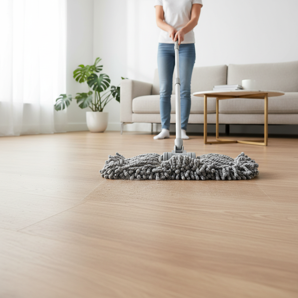Dry dust mopping laminate floors to remove grit before wet cleaning