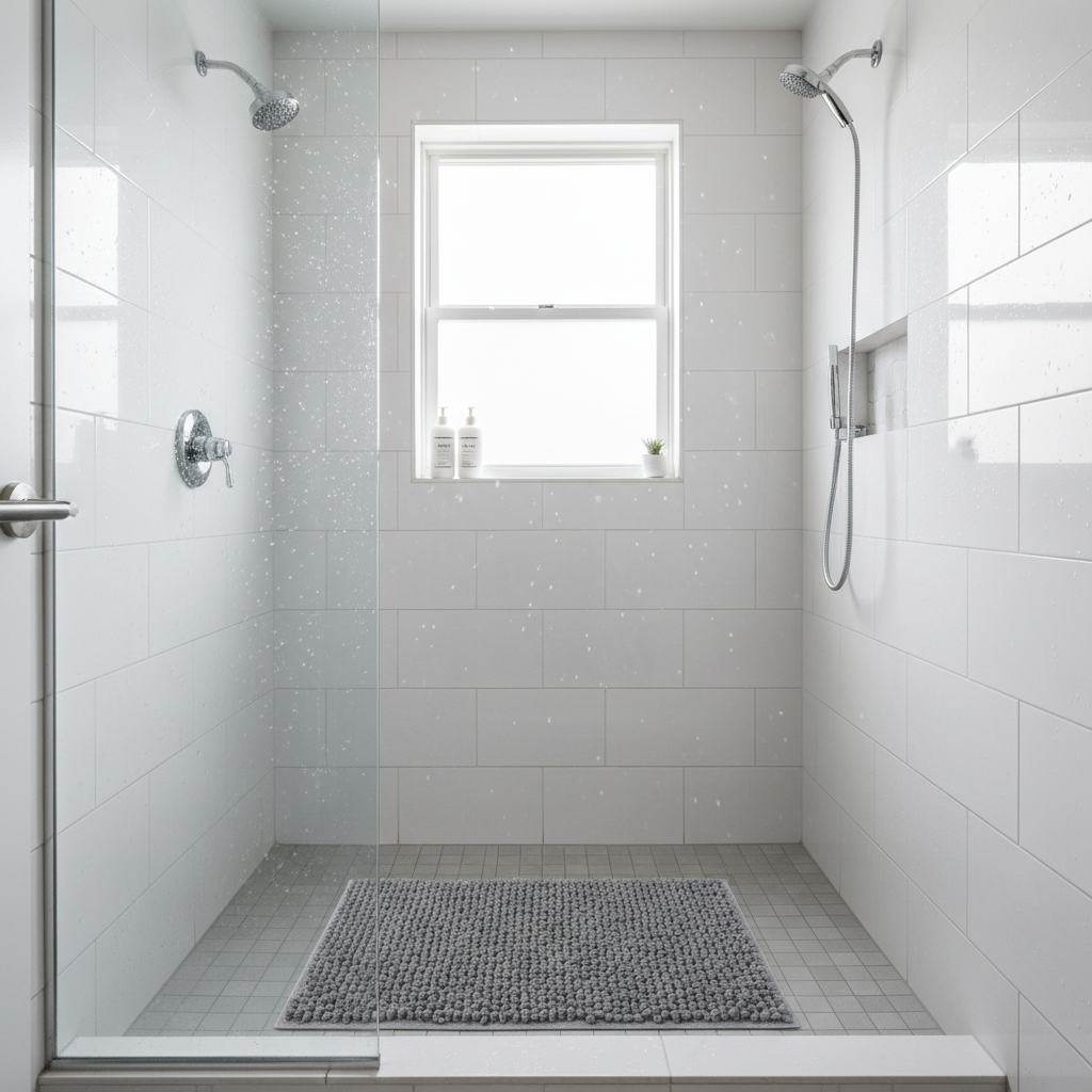 Non slip bath mat installed in a clean walk-in shower for safety