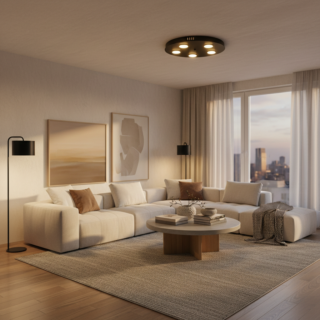 Budget smart bulbs creating warm ambient room lighting in a living room