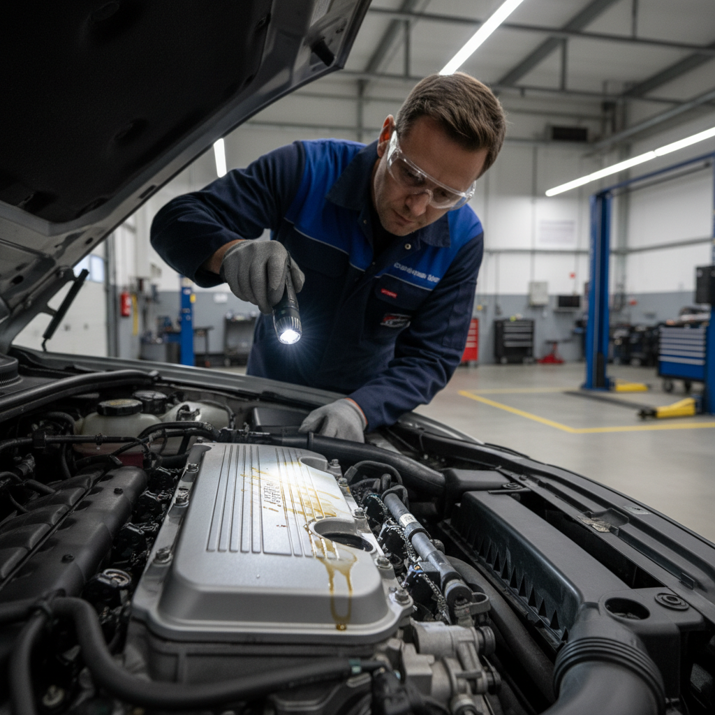 Mechanic inspecting oil leak area on a car engine with flashlight