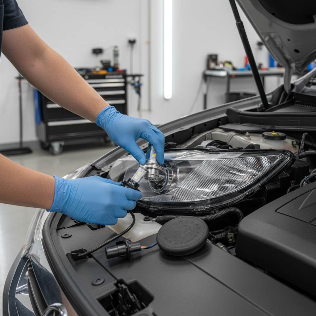 Hands installing an LED headlight bulb into a headlamp housing from the engine bay