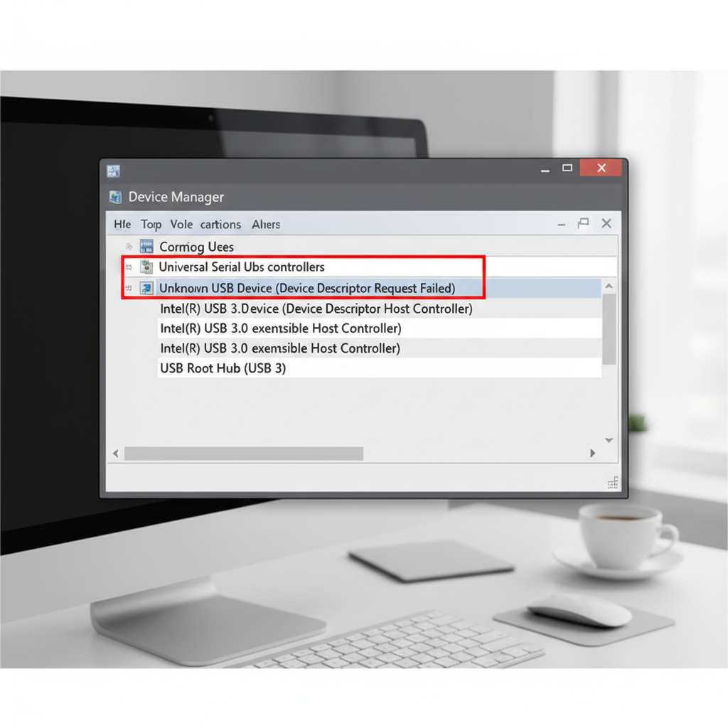 Windows Device Manager showing USB controllers and unknown USB device error