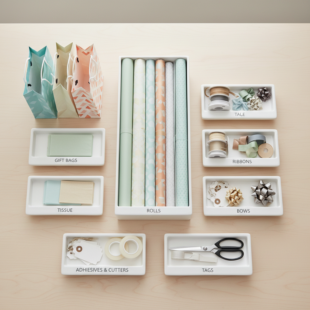 Sorting wrapping paper, ribbon, tape, and gift tags into categories on a table