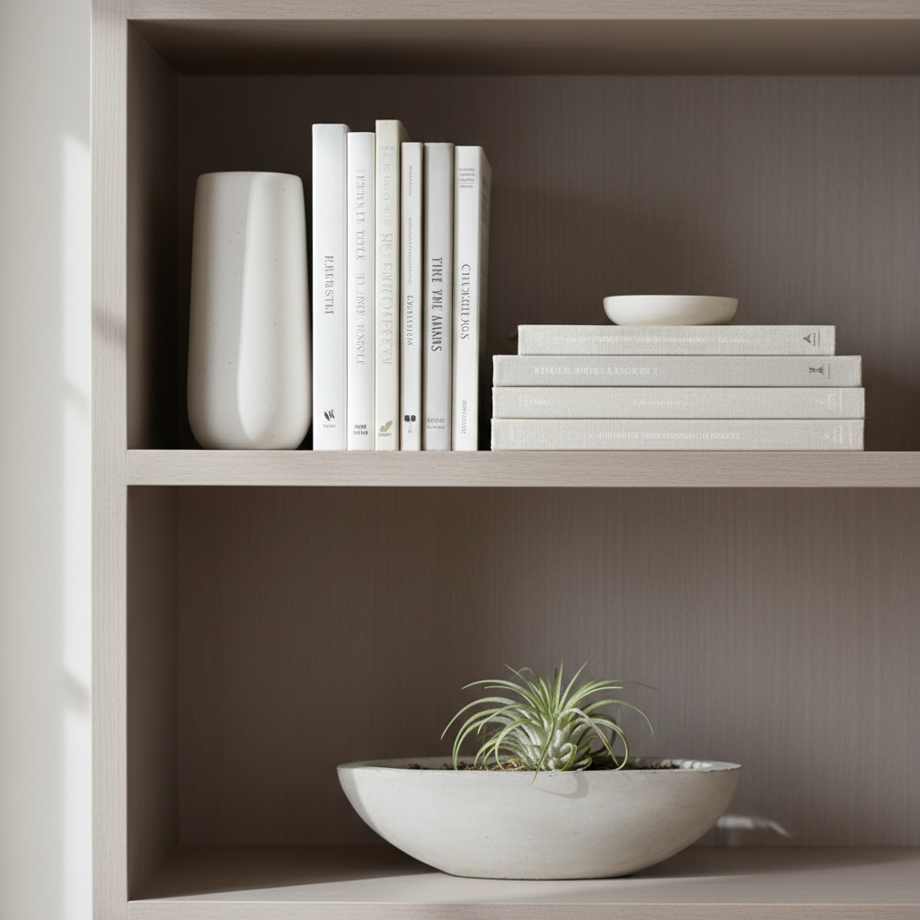 Close-up of bookshelf styling formula with book stacks, vase anchor, and negative space