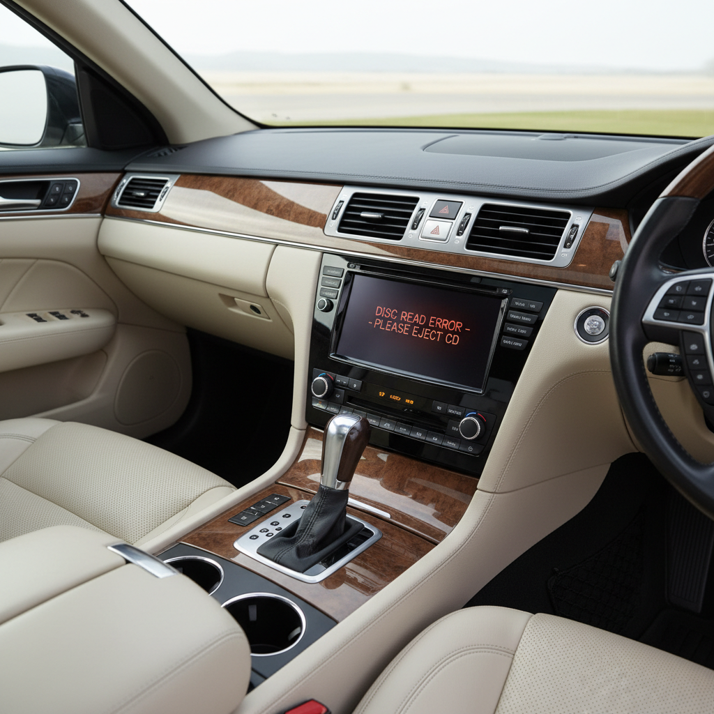Car dashboard stereo with CD slot showing error message