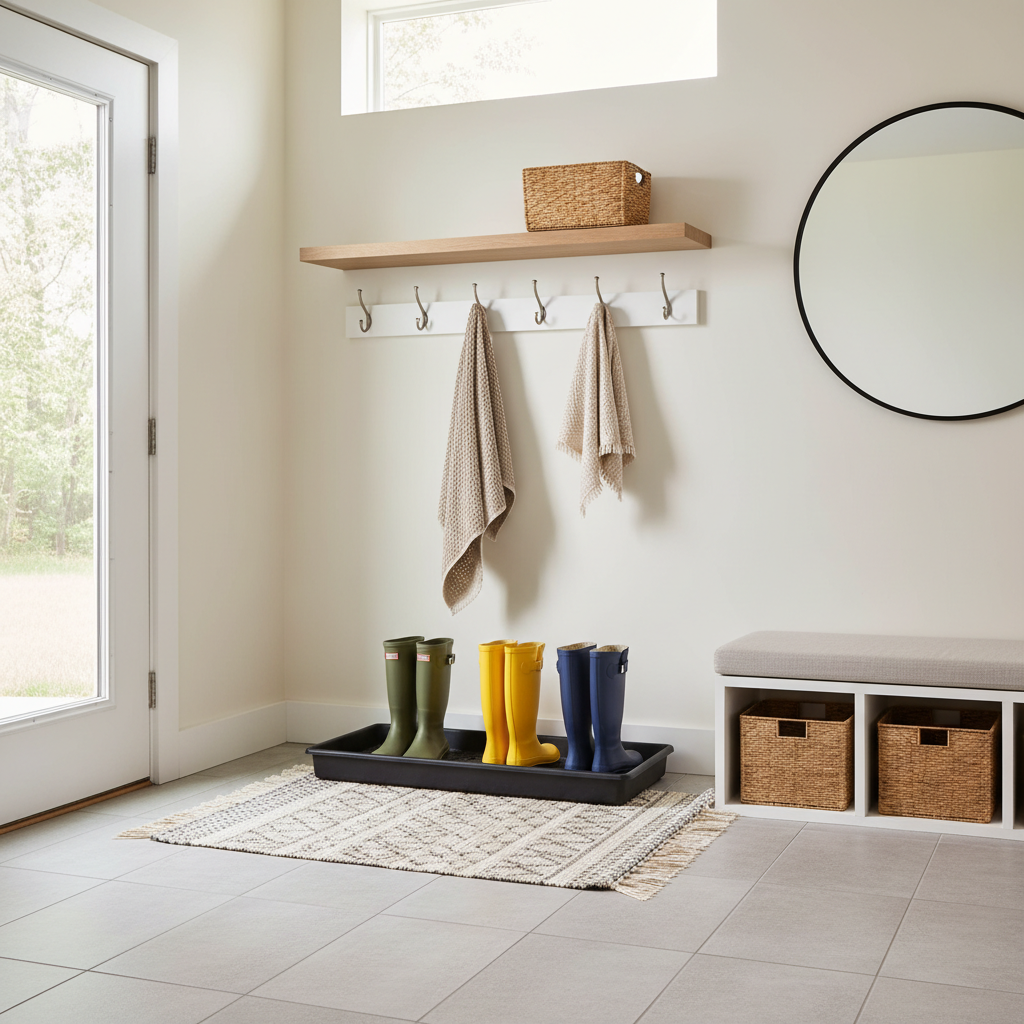 Mudroom wet zone with boot tray and washable rug near entry door