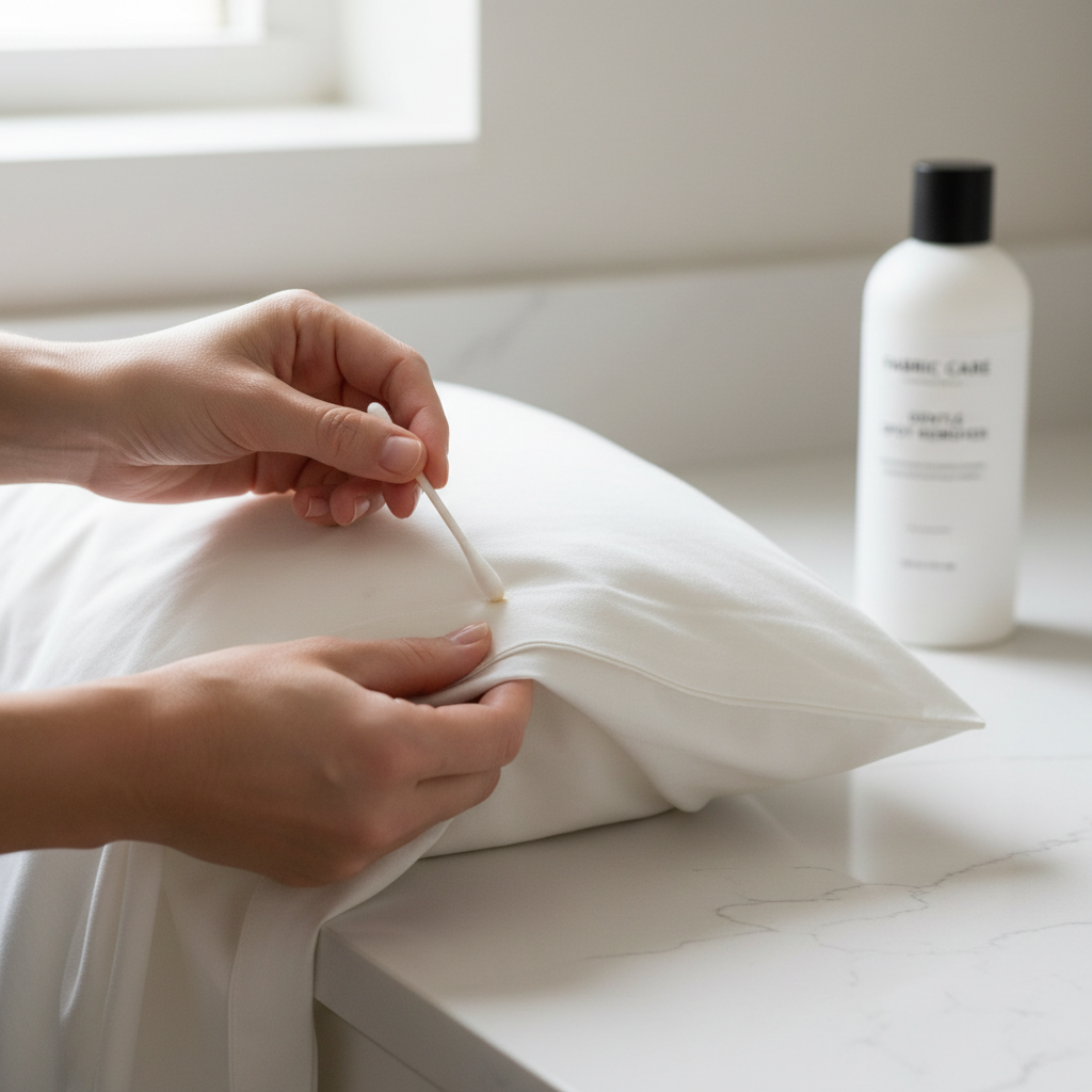 Spot testing stain remover on a pillowcase seam