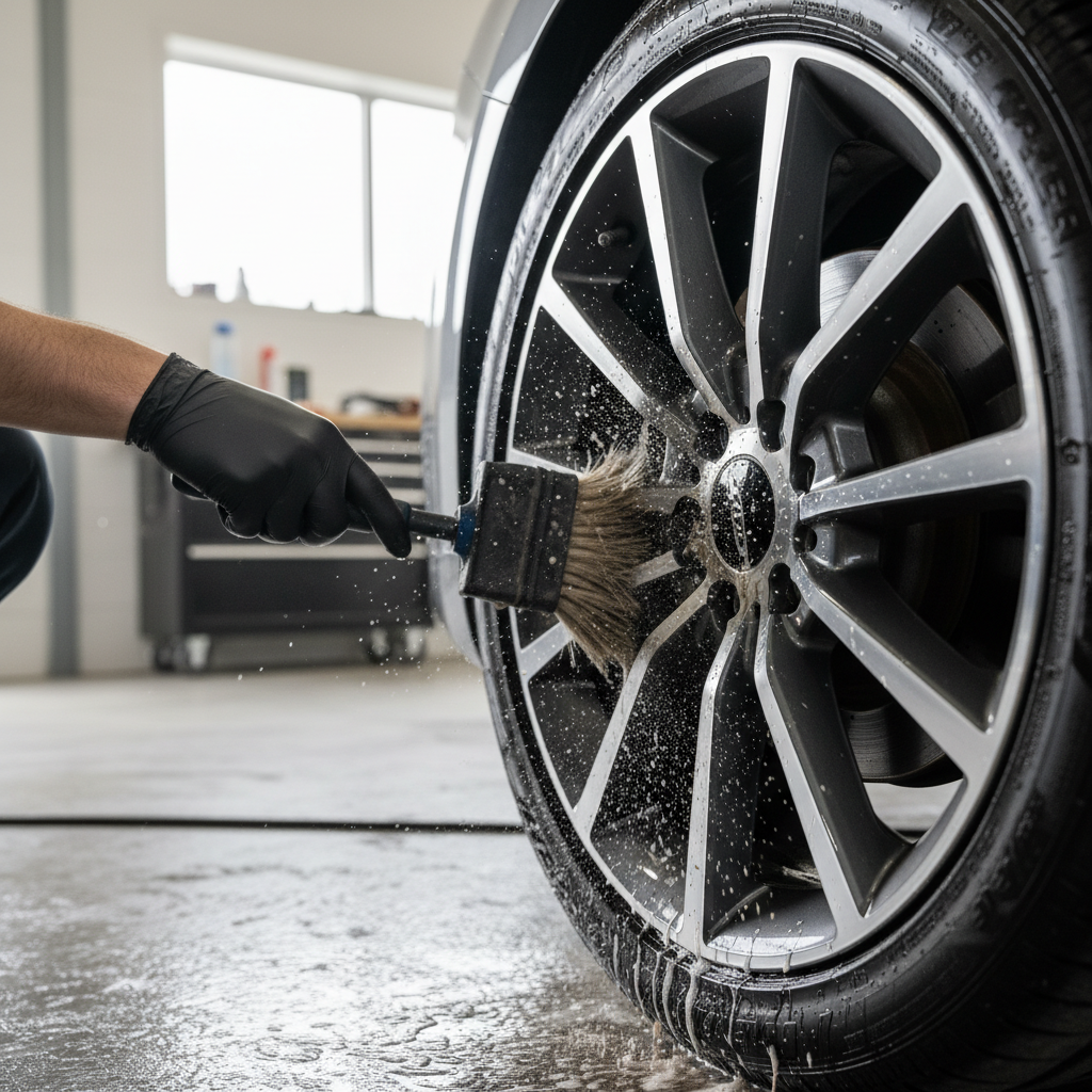 Soft bristle wheel brush cleaning brake dust on alloy wheel