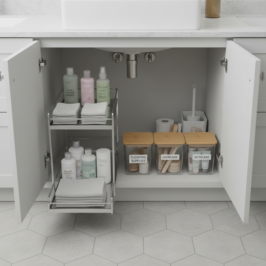 Bathroom under sink storage setup showing sliding drawers, labeled bins, and a waterproof liner