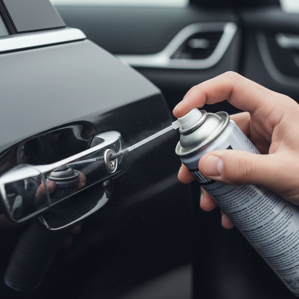 Applying dry lock lubricant to a car door lock cylinder