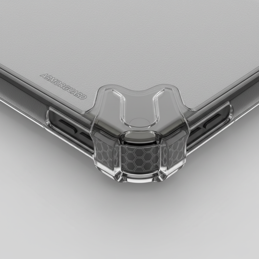 Close-up of tablet case corner protection with raised bezel