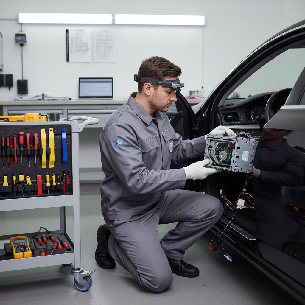 Technician removing car stereo head unit to inspect CD mechanism
