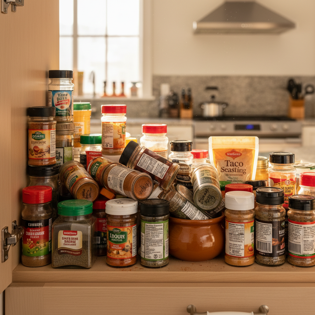 Messy spice cabinet before organizing with mixed jars and packets