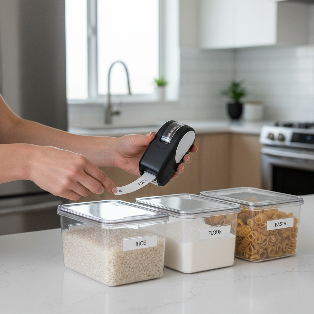 Labeling stackable pantry containers with a simple label maker and chalk labels